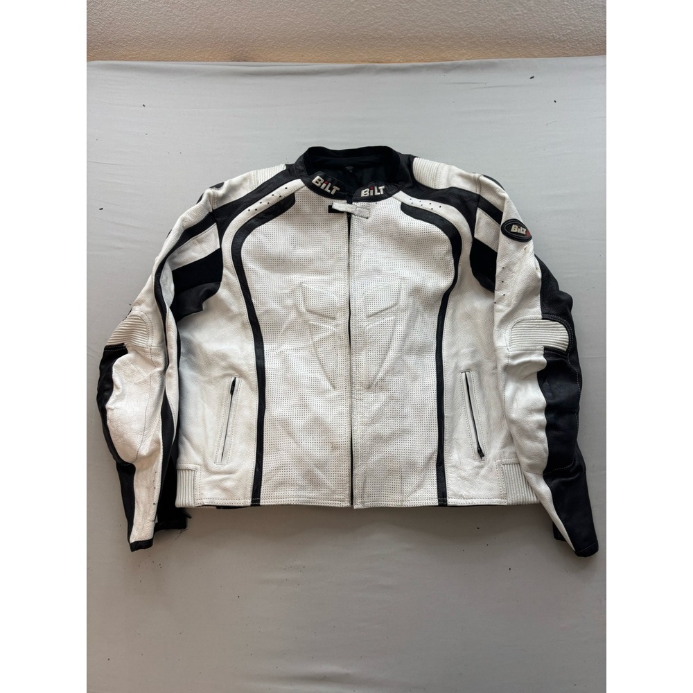 Bilt Racing Perforated Leather Motorcycle Jacket White Black Armor Mens Size 52